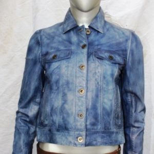 Real Lambskin Leather Blue Trucker Jacket for Women